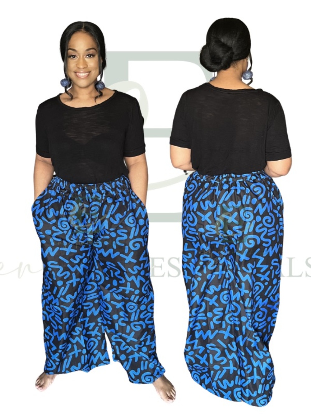 Blue Abstract Palazzo Wide-Leg Pants | One Size Fit All (S–XL)